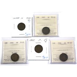 Estate Lot of 1922-1926 Canada 1-cent - 1922 VG-F on 2x2 Holder, 1923 ICCS VG-10, 1924 ICCS F-12, 19