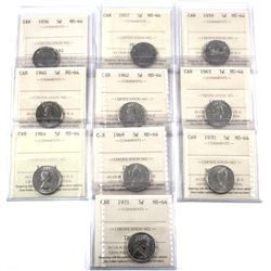 1956-1971 Canada 5-cent ICCS Certified MS-64 - 1956, 1957, 1959, 1960, 1962, 1963, 1964, 1969, 1970 