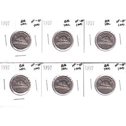 Lot of 1957 Canada 5-cent Bug Tail Variety VF-EF (Scratched). 6pcs