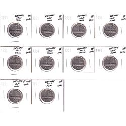 Lot of 1951 Canada 5-cent Refinery Half Moon 5-cent - AU, 7x EF, VF-EF & VF. Coins are scratched. 10