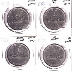 Lot of 1968 Canada Nickel $1 with Varieties - 1968 UNC+, 1968 DHL #1 UNC+, 1968 Small Island UNC+ & 