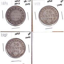 1898, 1908 & 1909 Newfoundland 50-cent - 1898 Obverse 2 VG-F, 1908 VF & 1909 VF. Coins contain scrat