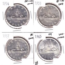 1954-1965 Canada Silver $1 - 1954 AU-UNC, 1955 EF-AU, 1957 AU & 1965 Variety 4 UNC+. Coins contain v