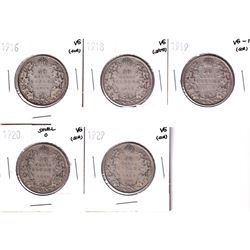 1916-1929 Canada 50-cent - 1916 VG, 1918 VG, 1919 VG-F, 1920 Small 0 VG & 1929 VG. All coins are scr