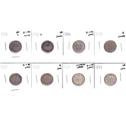 1898-1910 Canada 10-cent - 1898 Obverse 6 G-VG, 1902H VG, 1904 G-VG, 1905 Good, 1908 G-VG, 1908 Good