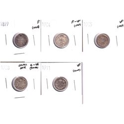 1899-1911 Canada 5-cent - 1899 Fine, 1904 F-VF, 1905 VF, 1908 Small Date G-VG & 1911 VF. Coins conta