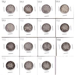 5x 1919, 5x 1920 & 5x 1928 Canada 25-cent in 2x2's. 15pcs