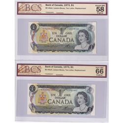Lot of 2x 1973 Replacement $1 Bills. Lot includes  *FG  & *FA Both Notes Lawson-Bouey and BCS Certif