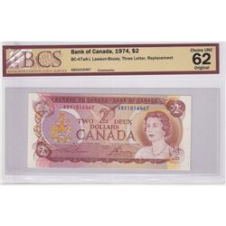 BC-47aA-I 1974 Bank of Canada Replacement $2, Lawson-Bouey S/N: ABX1016467. BCS Certified CUNC-62 Or
