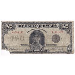 DC-26l 1923 Dominion of Canada $2, Black Seal Group 4, Campbell-Clark, S/N: X-591275-D. VG (Damaged-