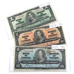Set of 3x 1937 Bank of Canada Notes. Lot includes $1 Z/M F-VF(holes), $2 J/R F(tears), & $5 Z/C Fine