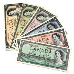 1954 Modified $1-$50 Bank of Canada Note set.  Notes are all in average condition, note the $50 has 