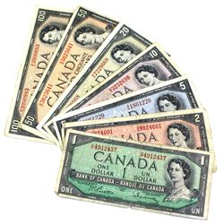 Set of 7x 1954 Bank of Canada Modified Banknote $1-$100. Notes are in average condition with some mi