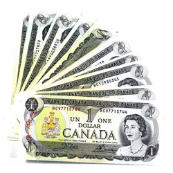 Lot of 49x 1973 Bank of Canada $1 Bills. Notes are in various grades, some AU-UNCS and some circulat