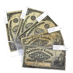 Lot of 5x 1900-1923 25-cent Shinplasters, Lot includes: DC-15b Circ, DC-15a Circ, DC-24c x3 all circ