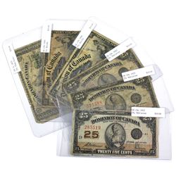 Lot of 6x 1870-1923 25-cent Shinplasters, Lot includes: DC-1c, DC-15b x2 Circ, DC-15a Circ, DC-24c x