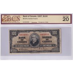 BC-27b 1937 Bank of Canada $100, Gordon-Towers, S/N: B/J0024083. BCS Certified VF-20 (Minor Holes)