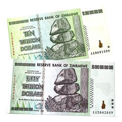 2x High denomination Reserve bank of Zimbabwe Banknotes. Lot includes a 10 and 50 Trillion Dollar de