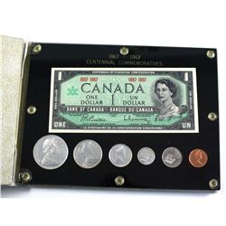 1867-1967 Centennial Commemorative Banknote and Coin set in custom Hard Acrylic Holder. Protective b