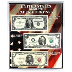 Set of 3x United States Obsolete Paper Currency in Plastic Display board. Lot includes 1957 $1 Silve