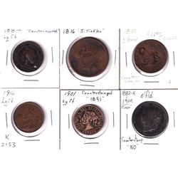 Lot of 6x 1800 to early 1900's Counter stamped Coins and Bank tokens. Lot includes: NFLD Silver 50-c