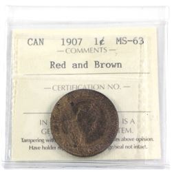 1907 1-cent ICCS Certified MS-63 Red and Brown. Nice consistent tones on both obverse and reverse.