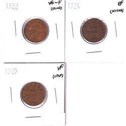 Lot of 3x Key date 1-cent. Lot includes: 1922 VG-F (cld), 1924 EF (minor rim bumps), & 1925 VF (impa