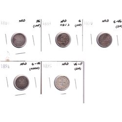 Lot of 5x Newfoundland Silver 5-cent. Lot includes: 1880 AG, 1888 G-4 Obv.3, 1890 G-VG, 1894 G-VG, &