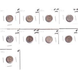 Lot of 9x Canadian Silver 5-cent. Lot includes: 1911 VF, 1913 EF, 1914 VF-EF, 1915 G-VG, 1916 F, 191