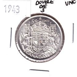 1943 Silver 50-cent with a Double Die on '3'. Coin is in UNC+ condition blast White!