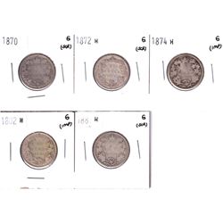 Lot of 5x Victorian Silver 25-cent. Lot includes 1870, 1872H, 1874H, 1881H, & 1882H. All coins are L