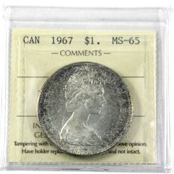 1967 Silver $1.00 ICCS Certified MS-65. Light toning over frosted fields.