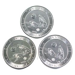 2016 Canada 3/4oz Howling Wolves .9999 Fine Silver Coins (Lightly toned). 3pcs (TAX Exempt)