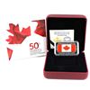 Image 1 : 2015 $50 50th Anniversary Canadian Flag Fine Silver Rectangular Coin (Sleeve is lightly worn). TAX E