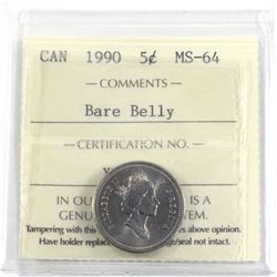1990 Canada 5-cent Bare Belly ICCS Certified MS-64.