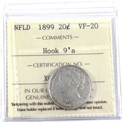 1899 Newfoundland 20-cent Hook 9's ICCS Certified VF-20.