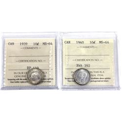 1939 & 1940 Canada 10-cent ICCS Certified MS-64. 2pcs