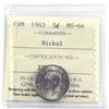 Image 1 : 1942 Canada 5-cent Nickel ICCS Certified MS-64.