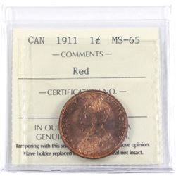 1911 Canada 1-cent ICCS Certified MS-65 Red.