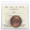 Image 1 : 1911 Canada 1-cent ICCS Certified MS-65 Red.