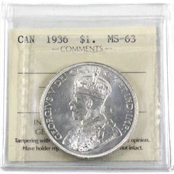 1936 Canada Silver $1 ICCS Certified MS-63.