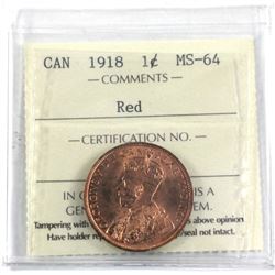 1918 Canada 1-cent ICCS Certified MS-64 Red.