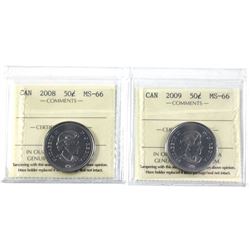 2008 & 2009 Canada 50-cent ICCS Certified MS-66. 2pcs