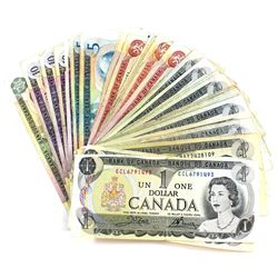 Group Lot of 53x Bank of Canada $1, $2, $5, $10 & $20 Multi-coloured Series Banknotes. You will rece