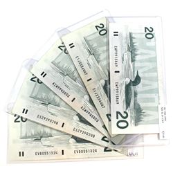 Group Lot of 5x 1991 $20 Bills in average circulated condition. Lot includes 3x Bonin Signature, Pre