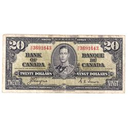 1937 $20 BC-25c Bank of Canada Note with Coyne-Towers Signatures, H/E3691643, F-VF (Damaged).