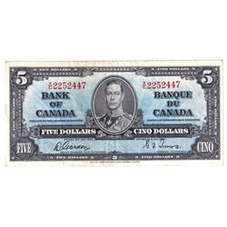 1937 $5 BC-23b Bank of Canada Note with Gordon-Towers Signatures, X/C2252447, VF (Stain almost fully