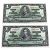 Image 1 : 1937 BC-21d Bank of Canada $1 Notes with Coyne-Towers Signatures - R/N9707382 & H/N3471323. 2pcs
