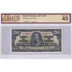 1937 BC-25c $20, Bank of Canada, Coyne-Towers, S/N: J/E4134960, BCS Certified EF-45.