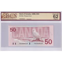 1988 BC-59a $50, Bank of Canada, Thiessen-Crow, S/N: FHK3005223, BCS Certified CUNC-62 Original.